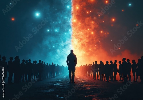 A figure stands between two contrasting colors representing choices and paths in life