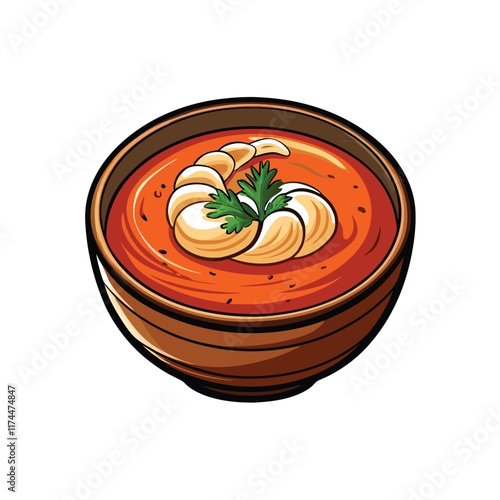 A realistic vector illustration of a steaming bowl of lobster bisque with a swirl of cream on top.