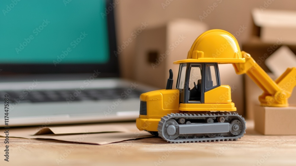 Fototapeta premium A toy construction vehicle with a yellow hard hat is placed on a desk next to a laptop and cardboard boxes.