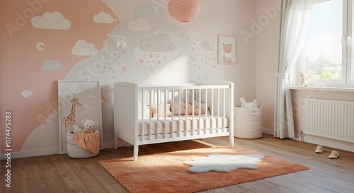 A modern nursery with pastel decor, a crib, and whimsical wall art. Interior design