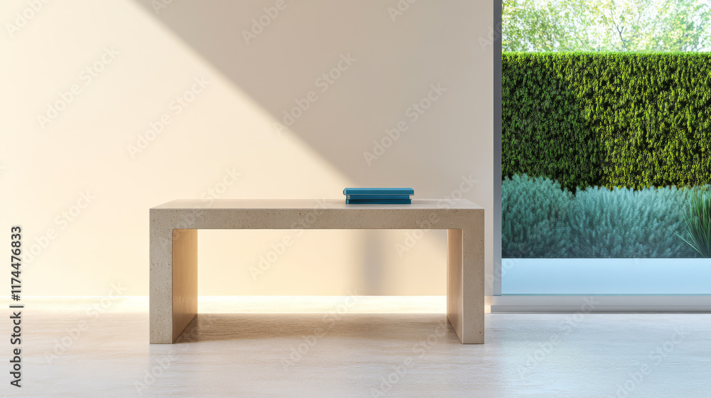 Fototapeta premium Minimalist interior design showcasing a simple table and vibrant decor in a bright setting