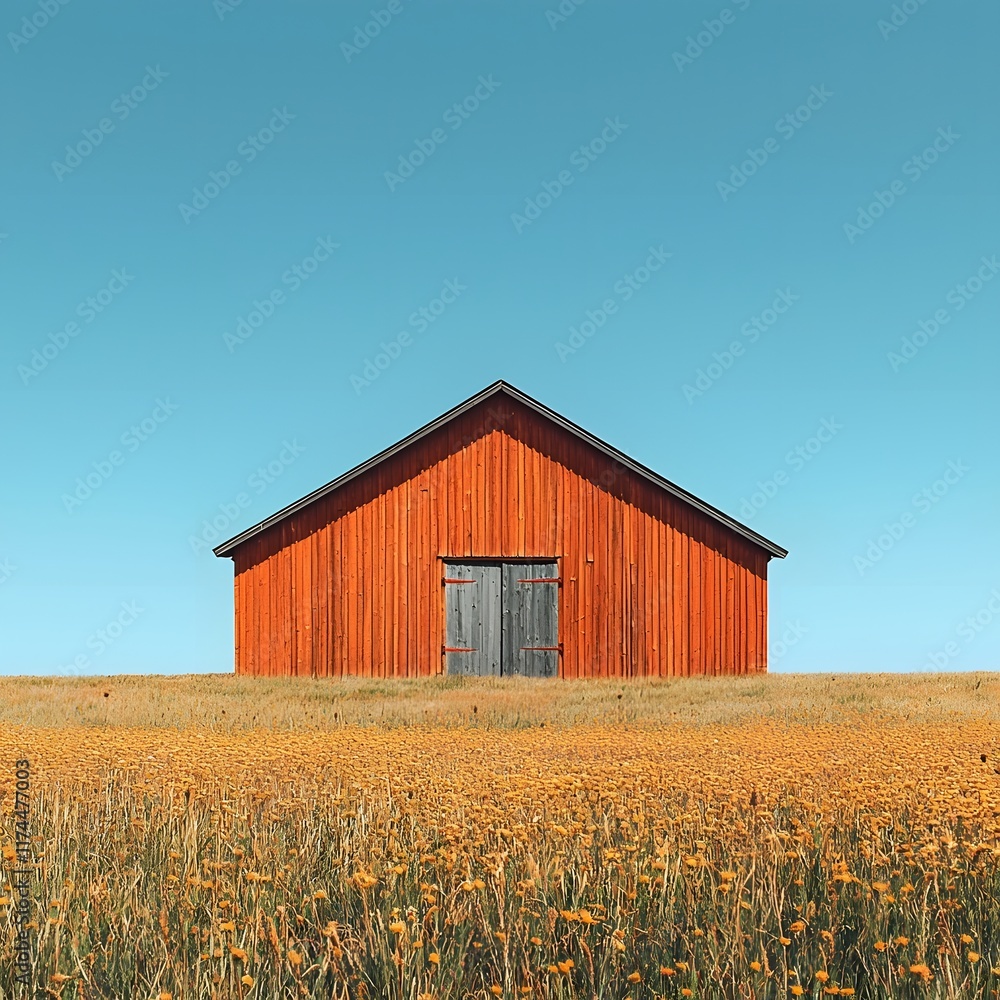 Abandoned Rustic Barn in the Middle of a Vast Open Countryside Landscape under a Clear Blue Sky