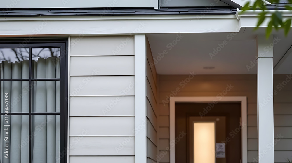 Fototapeta premium Exterior View of House with Porch, Window, and Door
