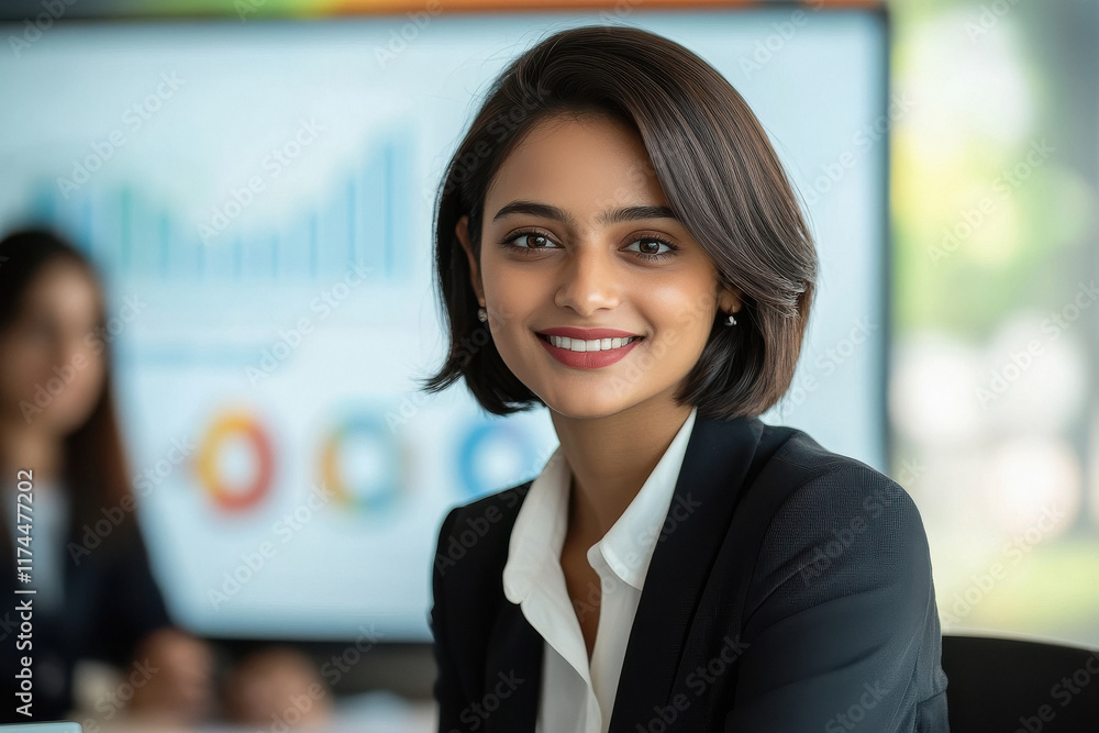 Obraz premium short hair businesswoman sitting in front of screen
