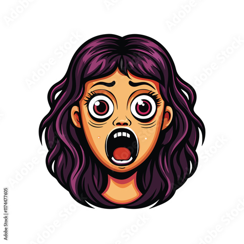 A young girl with wide, startled eyes and her eyebrows raised, expressing shock or surprise.