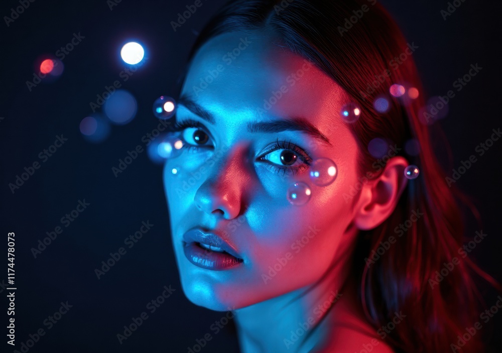 Model with colorful lighting and unique makeup poses for a creative portrait Model with colorful lighting and unique makeup poses for a creative portrait