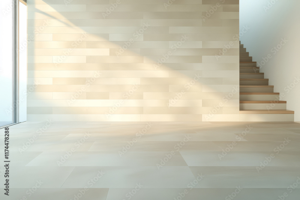 Obraz premium Light streams into a minimalistic interior space with wooden stairs and a bright atmosphere