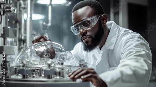 A lab technician adjusting settings on a centrifuge in a sleek, modern lab.