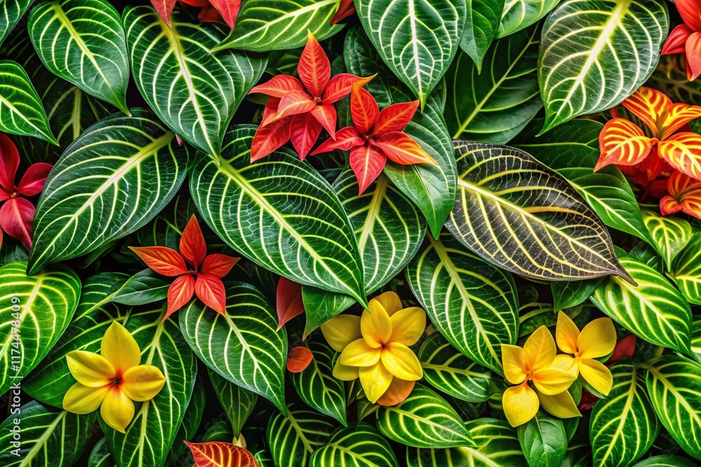 Fototapeta premium Botanical Tile Pattern: Mussaenda, Alocasia & Ylang Ylang Flowers - Tropical Floral Background