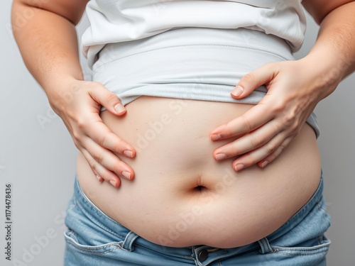 Overweight middle-aged woman in a t-shirt and jeans confidently revealing her exposed belly, mature, casual clothing photo