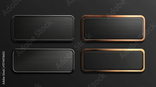 Set of steel tags with blank metal surface isolated on black background. Vector realistic illustration of silver or iron bolted plates, shiny button frames, nameplate badges with light reflection