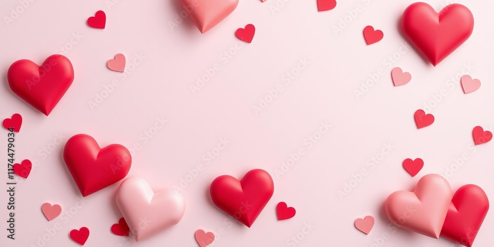 Paper pink hearts scattered across a soft pink background with copy space, perfect for Valentine's Day designs or concepts of love and romance, Valentine's Day, pink Paper pink hearts scattered across a soft pink background with copy space, perfect for Valentine's Day designs or concepts of love and romance, Valentine's Day, pink