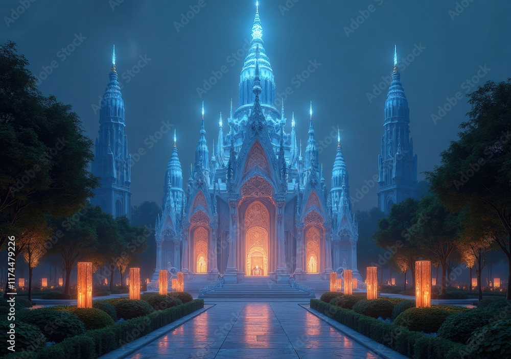 Obraz premium Awe-inspiring blue-lit castle surrounded by glowing lanterns at twilight
