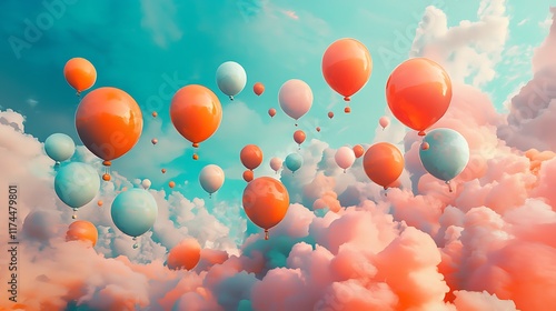 Vibrant coral orange and turquoise balloons soaring over a dreamy pastel modern aesthetic