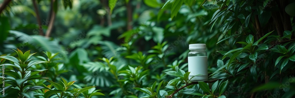 Pill bottle surrounded by lush green jungle foliage, creating a serene and harmonious natural atmosphere, nature, atmosphere Pill bottle surrounded by lush green jungle foliage, creating a serene and harmonious natural atmosphere, nature, atmosphere