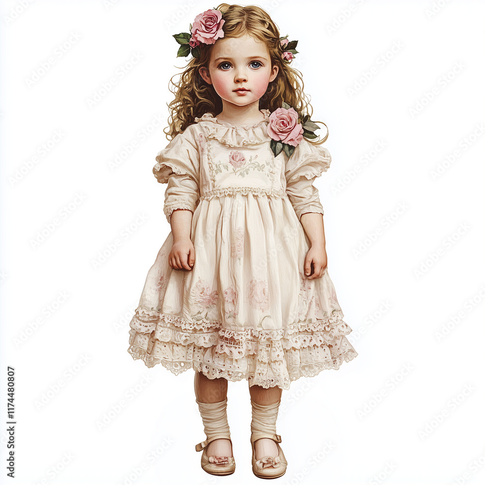 old world style painting with vector print of little girl in pink dress old world style painting with vector print of little girl in pink dress