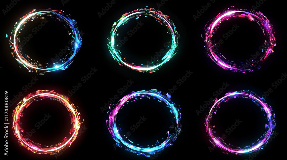Circle frame with glitch and neon glow effect. Digital round geometric light border with vintage vhs distortion. Realistic vector illustration set of ring shape with broken retro tv bug design. Circle frame with glitch and neon glow effect. Digital round geometric light border with vintage vhs distortion. Realistic vector illustration set of ring shape with broken retro tv bug design.