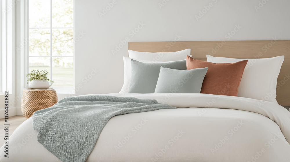 Obraz premium Comfortable and inviting bedroom design with a fresh and modern aesthetic