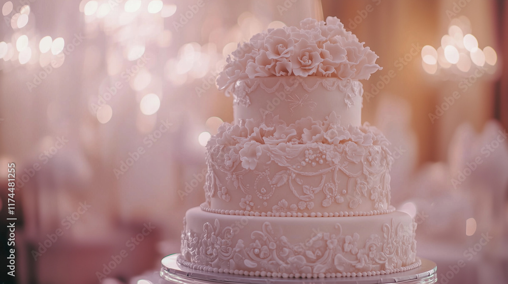 A luxurious, multi tiered wedding cake adorned with intricate floral icing patterns and pearl like accents, placed on a glass stand in a softly lit elegant banquet hall. A luxurious, multi tiered wedding cake adorned with intricate floral icing patterns and pearl like accents, placed on a glass stand in a softly lit elegant banquet hall.