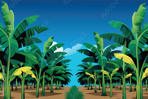 A vibrant and lush tropical banana plantation with rows of banana trees laden with green bananas, showcasing the verdant foliage and the abundance of the harvest.