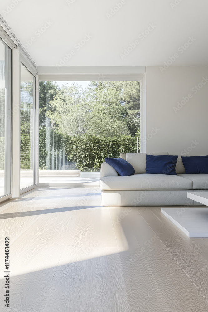 Obraz premium Modern living room with large windows and natural light in a serene environment