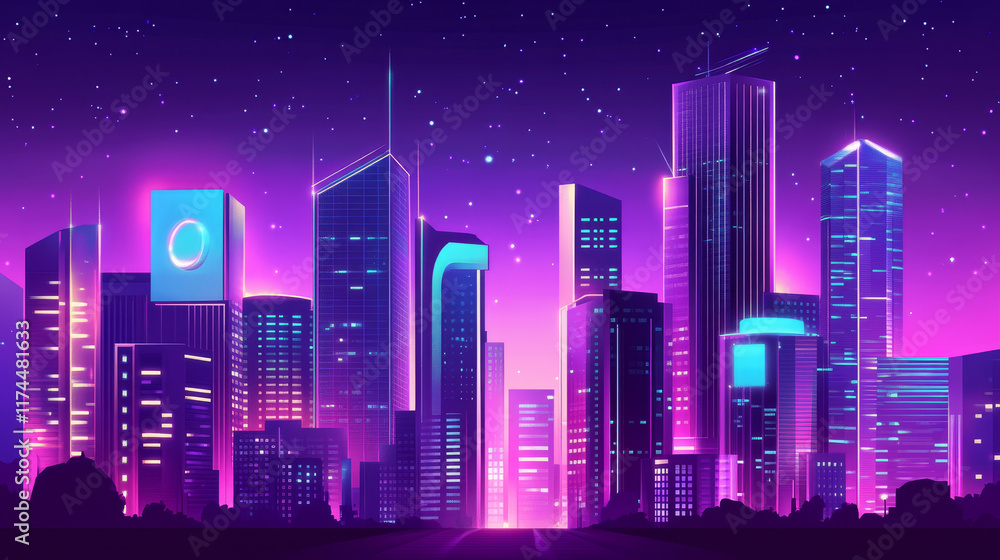Fototapeta premium Night downtown street landscape with neon glow effect. Cartoon vector illustration of dark purple evening city scape with luminous billboards, signs and windows. Cyberpunk background with urban scene.