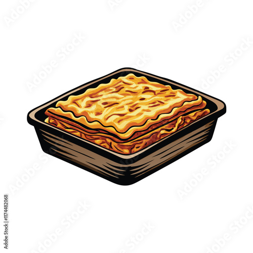 Create a vector illustration of a frozen lasagna in a black baking dish. The lasagna should be layered with red sauce, cheese, and pasta, and have a realistic appearance.