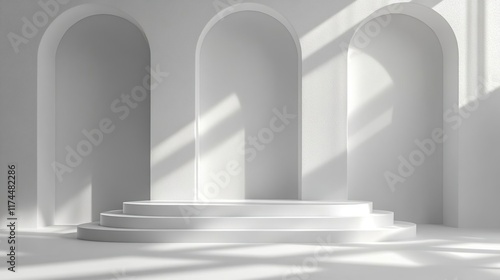 a close up of a white podium in a room with arches photo