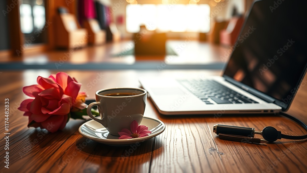 Coffee Break Inspiration, Laptop on Wood Floor, Flower Decor, AI Photo Coffee Break Inspiration, Laptop on Wood Floor, Flower Decor, AI Photo