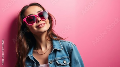 Wallpaper Mural Pretty woman wearing denim jacket and pink sunglasses standing in front of pink wall in studio with eyes closed in pleasure, copy space, pink wall Torontodigital.ca