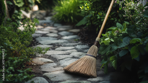 Wallpaper Mural broom resting on stone path surrounded by lush greenery creates serene garden scene. natural elements evoke sense of tranquility and harmony in outdoor space Torontodigital.ca