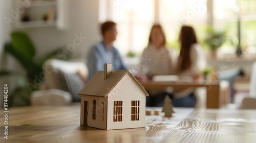 Mortgage Pre Approval Process Couple Discussing Options with Real Estate Agent and House Model