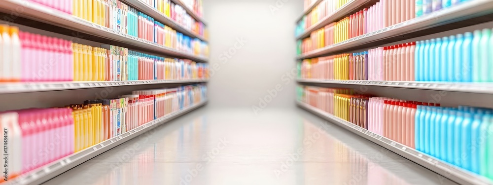 Modern and clean supermarket aisle with overhead lighting, neutral backdrop Modern and clean supermarket aisle with overhead lighting, neutral backdrop
