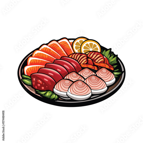 A vector illustration of a white plate with thinly sliced raw tuna sashimi arranged in a visually appealing pattern.