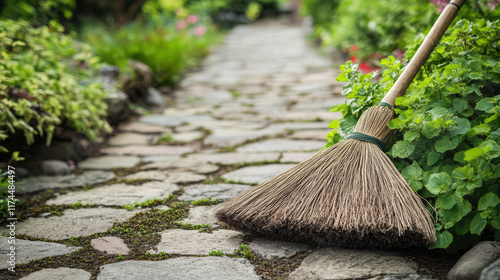 Wallpaper Mural broom resting on stone path surrounded by lush greenery creates serene garden atmosphere. natural elements enhance peaceful setting, inviting tranquility Torontodigital.ca