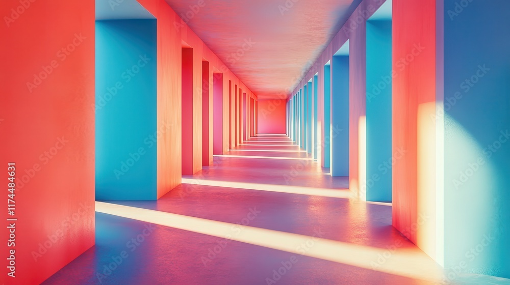 Fototapeta premium Vibrant Corridor with Bold Cyan and Pastel Coral Frame Distortions