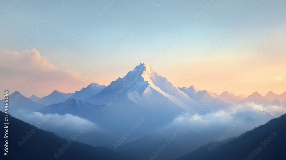 Serene mountain landscape with peaks rising above a sea of clouds, bathed in warm sunrise light. Serene mountain landscape with peaks rising above a sea of clouds, bathed in warm sunrise light.