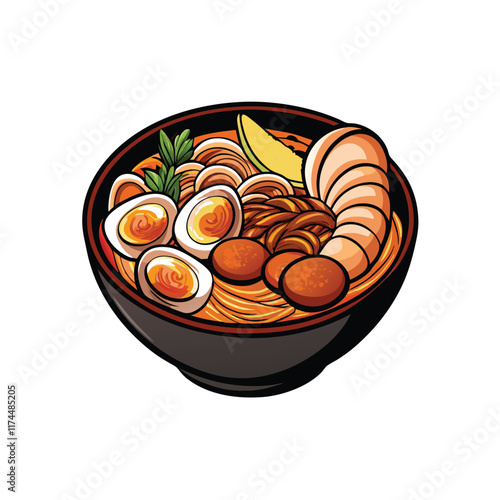 Create a vibrant vector illustration of a steaming bowl of seafood ramen, featuring plump shrimp, juicy clams, and a rich, flavorful broth.
