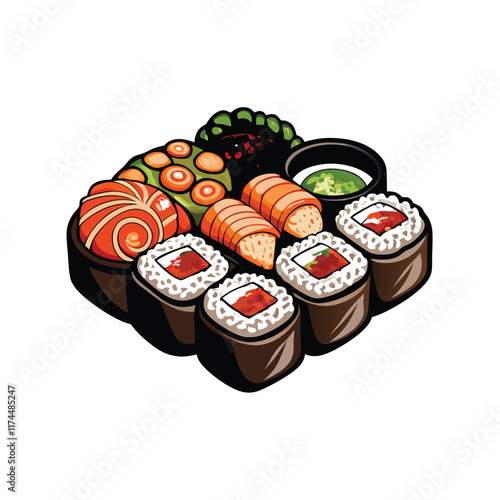 A vibrant vector illustration featuring a diverse assortment of sushi rolls, each with unique fillings and textures. The rolls should include shrimp as a prominent ingredient.