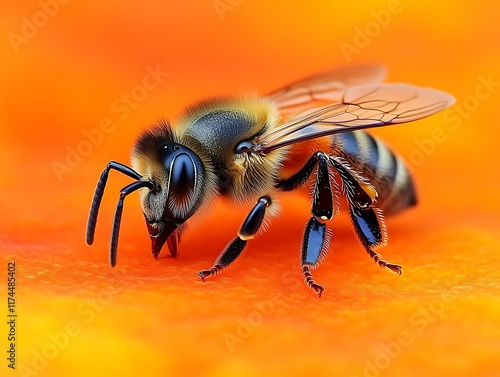 Honeybee Close-Up: Vibrant Orange Pollen, Detailed Macro Photography photo