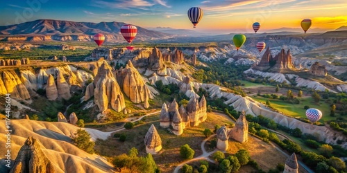 Cappadocia Turkey: Aerial View of Fairy Chimneys and Balloon Flights photo