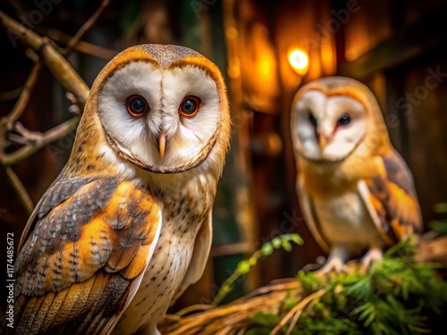 Captive Barn Owls in Low Light at Nature Center - Nocturnal Wildlife Photography photo