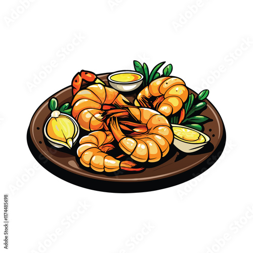 A vector illustration of grilled jumbo prawns, perfectly cooked with char marks, served on a plate with fresh garlic cloves and herbs.