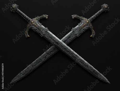 Two or three intricately adorned medieval swords, crossed over a solid black background.