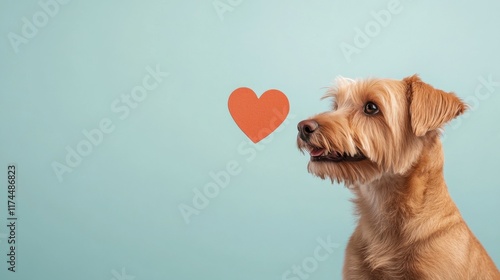 Cute dog gazes at heart symbol on a pastel blue background. Adorable pet portrait conveying love and companionship. photo