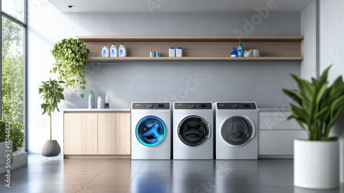 Modern laundry room featuring sleek washing machines, natural light, and organized shelves. space is designed for efficiency and style, creating pleasant atmosphere for chores