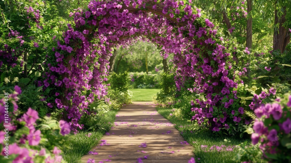 Tranquil Garden Pathway Framed by Lush Purple Flowers in a Serenity Landscape Tranquil Garden Pathway Framed by Lush Purple Flowers in a Serenity Landscape