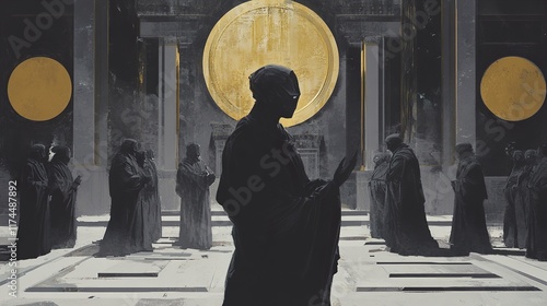 Mysterious figures in ancient temple: A digital painting