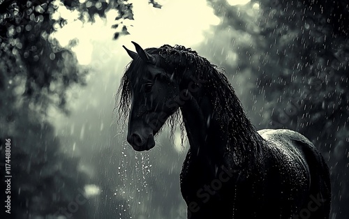 Majestic black horse in rain, dramatic monochrome. photo