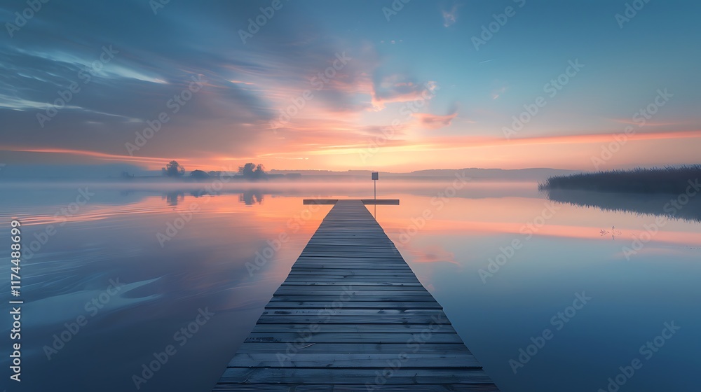 Naklejka premium A serene scene of a tranquil lake at dawn, with a mockup at the center of the wall. full ultra hd, high resolution